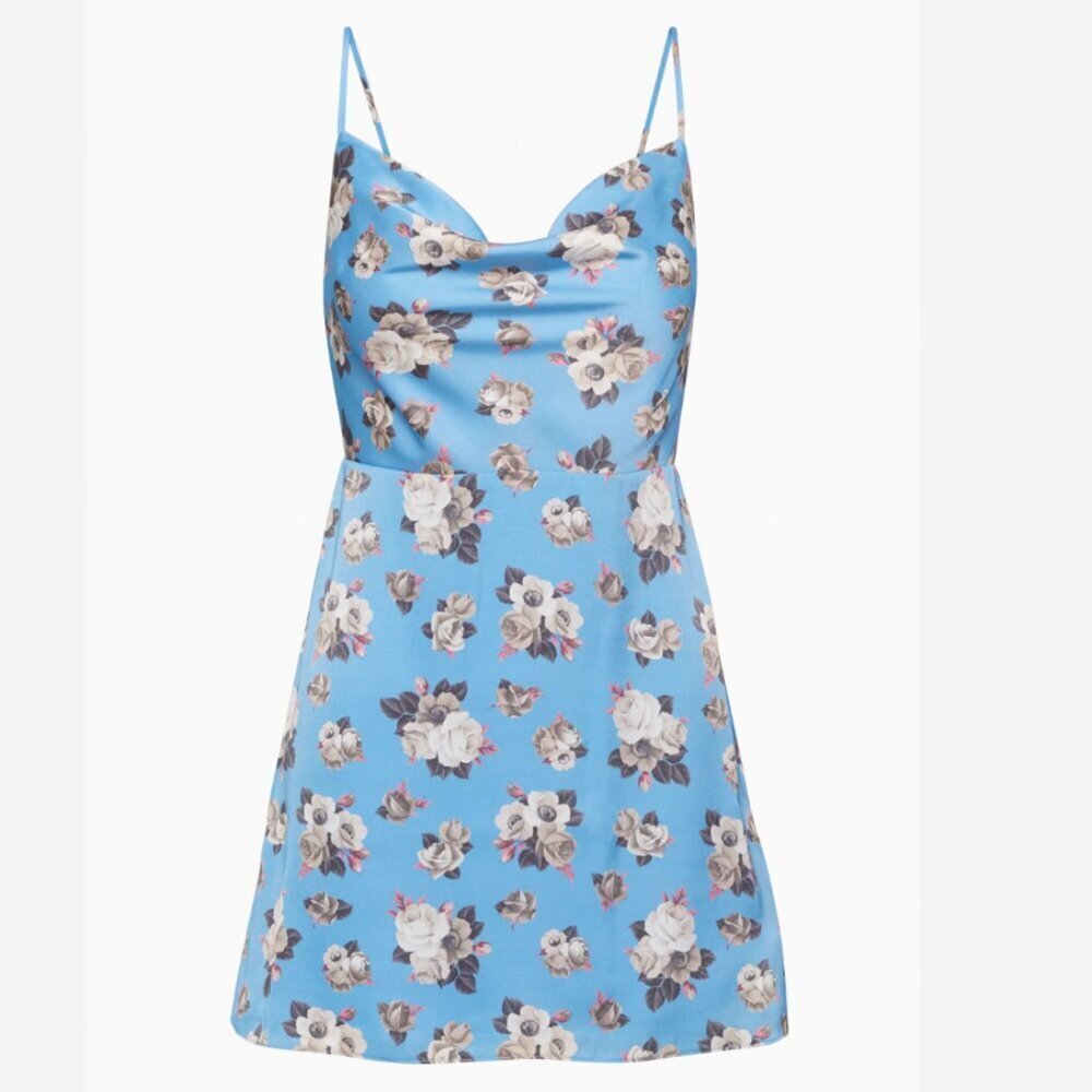 Aritzia Sunday Best Spencer Cowl Neck Mini Slip Dress Blue Floral NWT Size 2XS